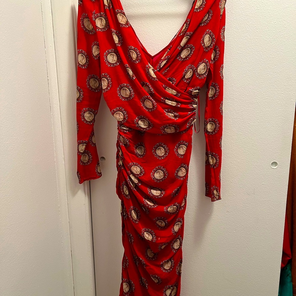 Red chiffon wrap dress with camisole lining.